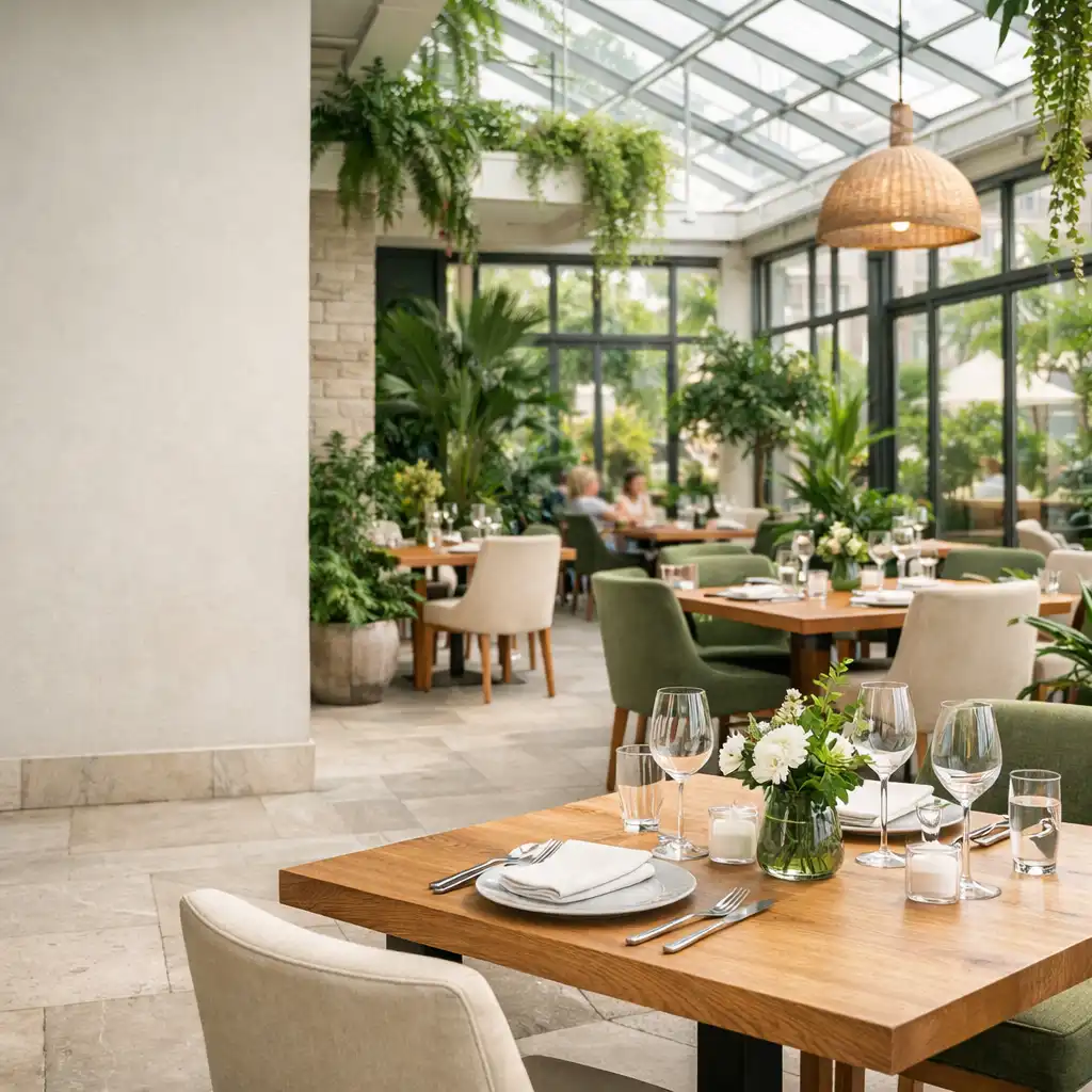 Világos, növényekkel teli botanikus éttermi enteriőr gondosan terített asztalokkal