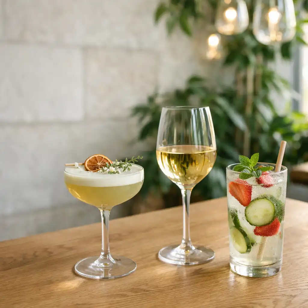 Kreatív koktél, pohár bor és alkoholmentes ital természetes fénnyel egy éttermi asztalon
