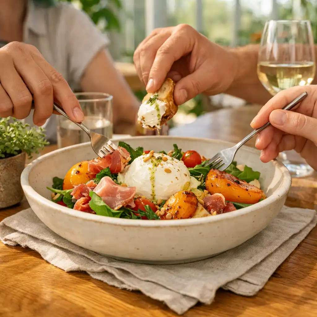 Vendégek közösen vesznek egy szezonális fogást egy világos éttermi asztalnál