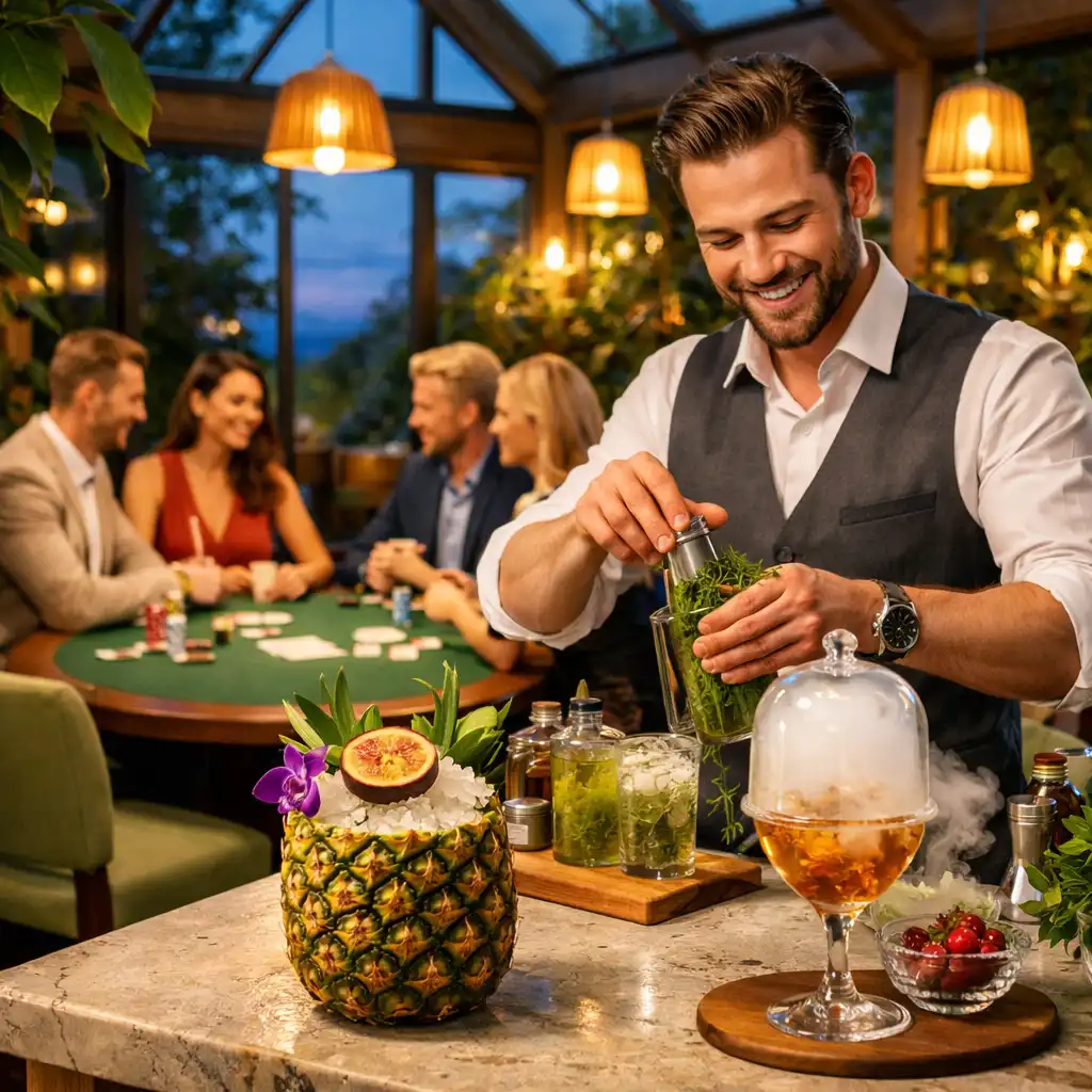 Bartender kreatív koktélt készít, miközben a háttérben vendégek ülnek egy valódi pókerasztalnál.